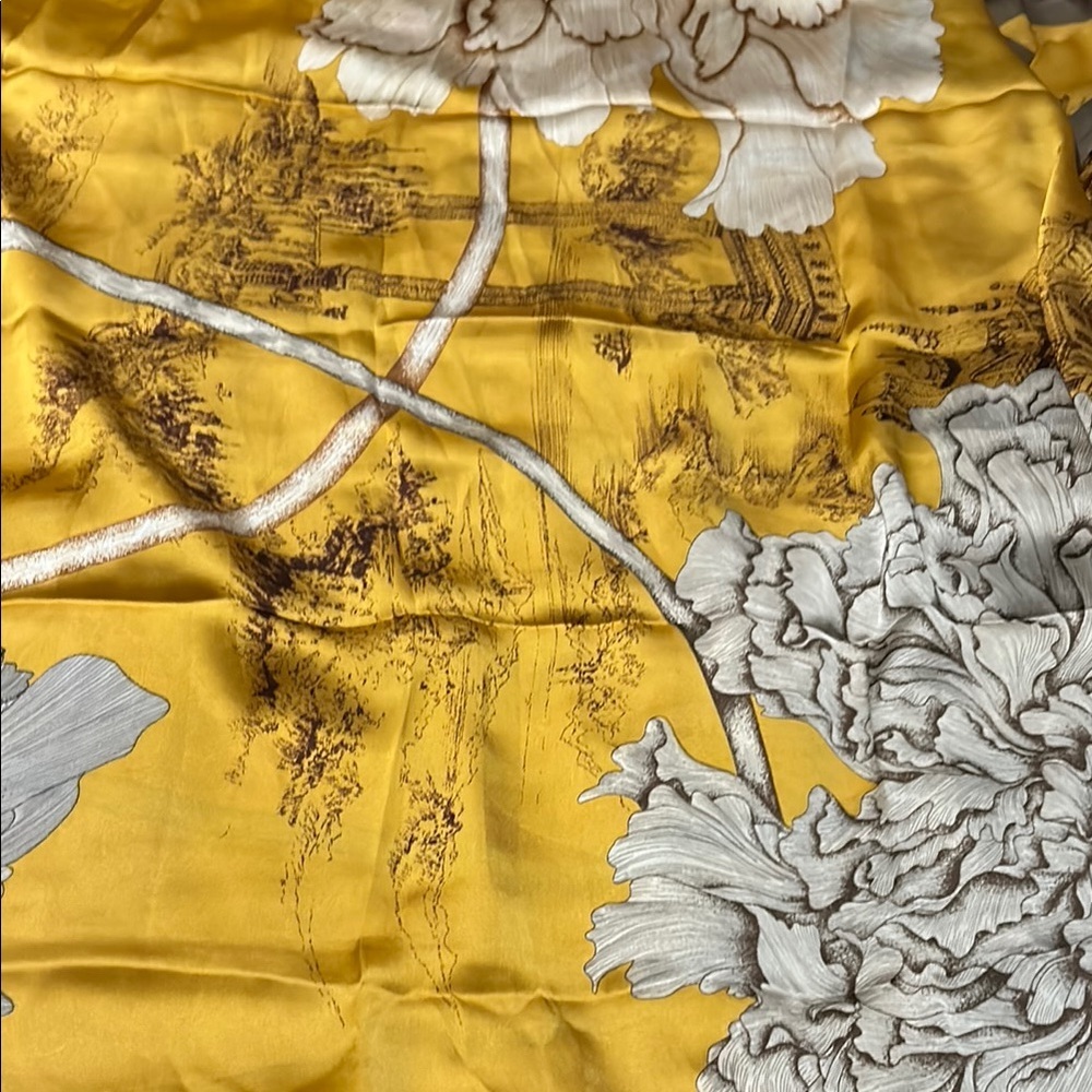 100%silk Floral Yellow and Gray Silk Scarf